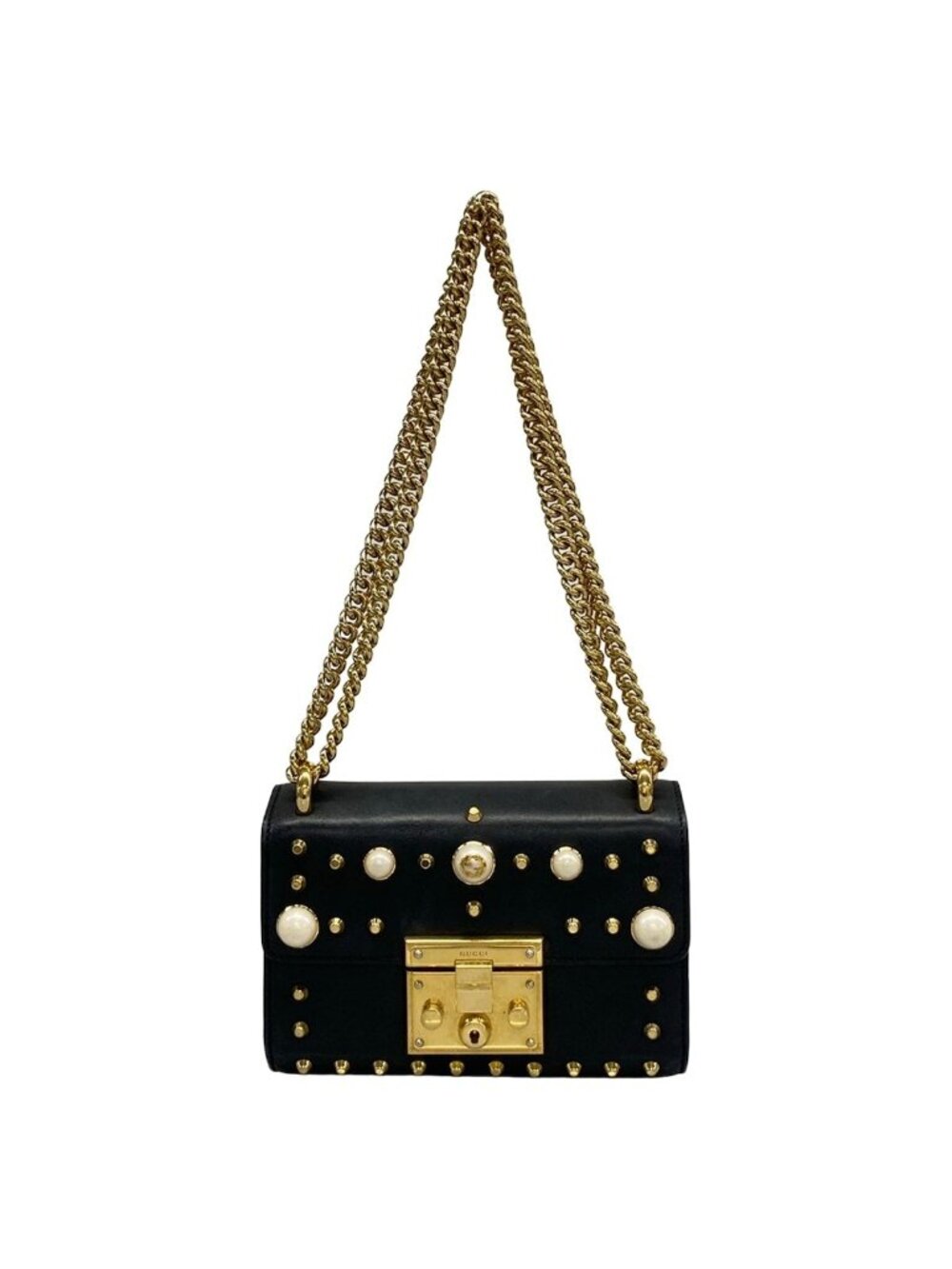 Gucci Shoulder Bag Padlock Black Ivory Studs Faux Pearl Leather